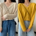 thumbnail image 6 of 2021 SALE Girl Women's Solid Color Knit Cardigan Small Short V-neck Long Sleeve Thin Jacket Crop Top Outerwear,Blue, 6 of 10