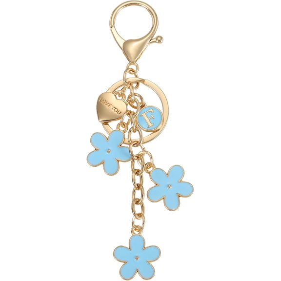 Initial Letter Keychain with Love You Heart, Cute Flower Charm Blue -