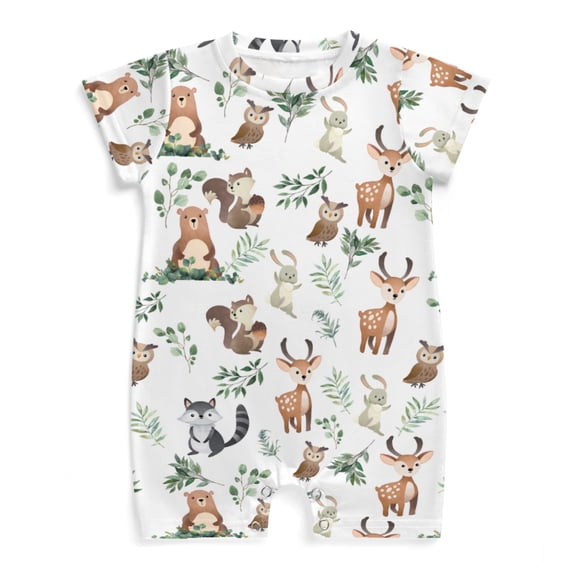 Woodland Animals Baby Romper Boy Girl Bear Deer Bunny Raccoon Squirrel Short Sleeve Jumpsuit Playsuit One Piece Outfit