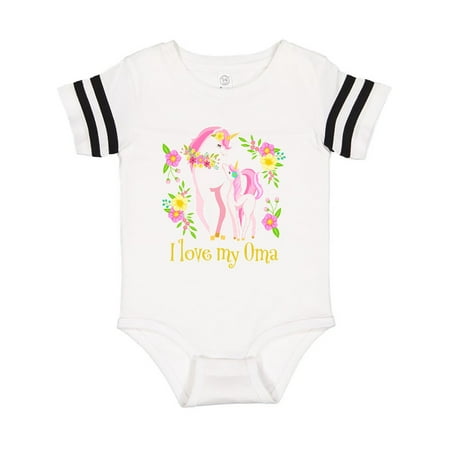 

Inktastic I Love My Oma Unicorn with Pink and Yellow Flowers Gift Baby Boy or Baby Girl Bodysuit