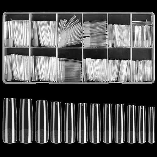 240 Pcs Square Extra Long Clear Nail Tips for Acrylic Nails, No C Curve Tapered Square Full Cover Press on Nail Tips Traceless for Extension Tips DIY (Clear)