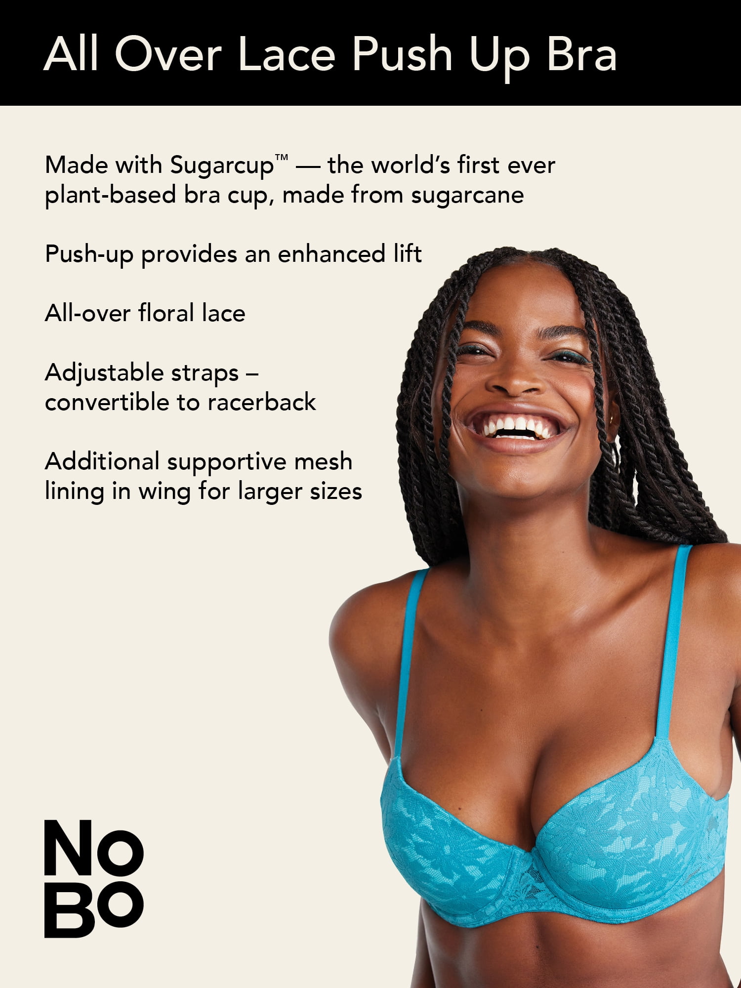 No Boundaries Women's All Over Lace Push Up Bra with Sugarcup, Sizes 34A-40DD