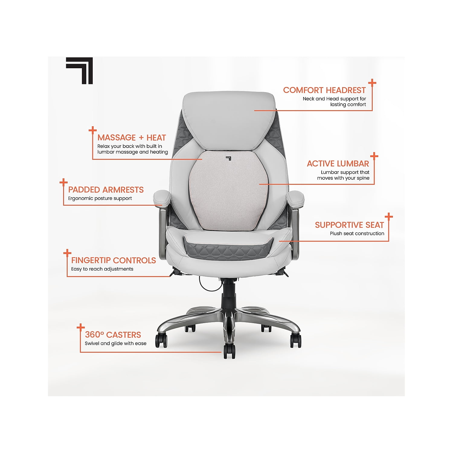Sharper Image Ergonomic Bonded Leather Swivel Executive Massage Chair, Supports Up to 275 lbs, 20" to 23" Seat Height, Off-White