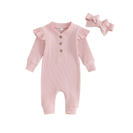 

Acuteok Newborn Baby Girl Long Sleeve Rompers Ribbed Solid Color Round Neck Button Bodysuit with Headband Jumpsuits