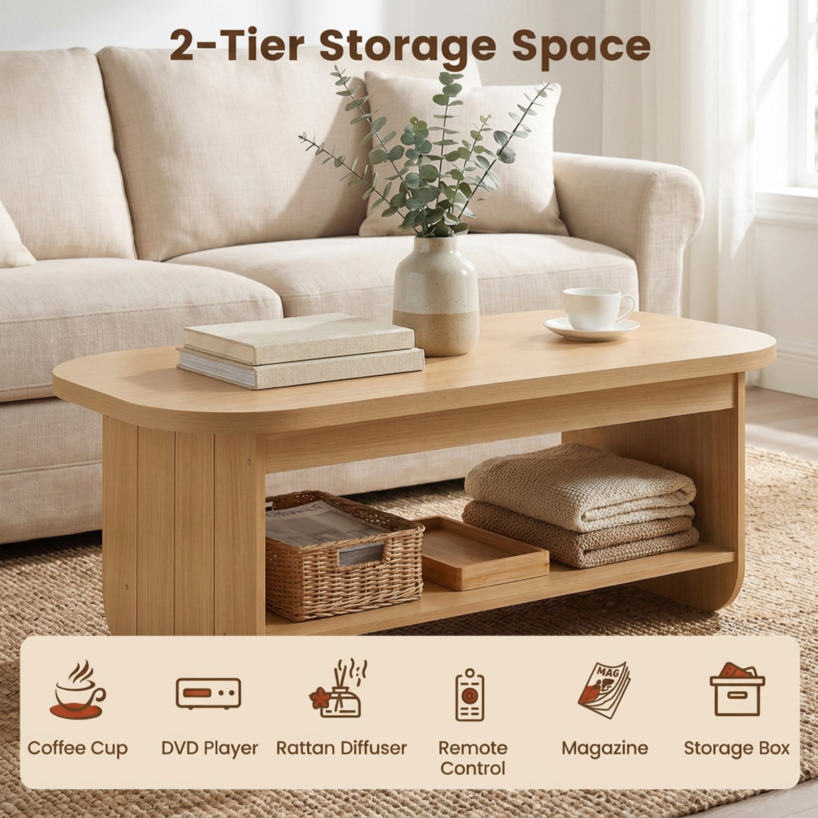 Furnibear 2 Tier Oval Coffee Table with Bottom Storage Shelf and Fluted Design a Mid Century Wood Center Table for the Living Room, Natural