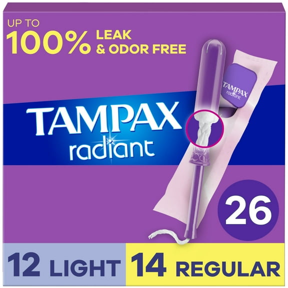 Tampax Radiant Tampons Duo Pack with Leak Guard Braid, Light/Regular Absorbency, 26 Ct
