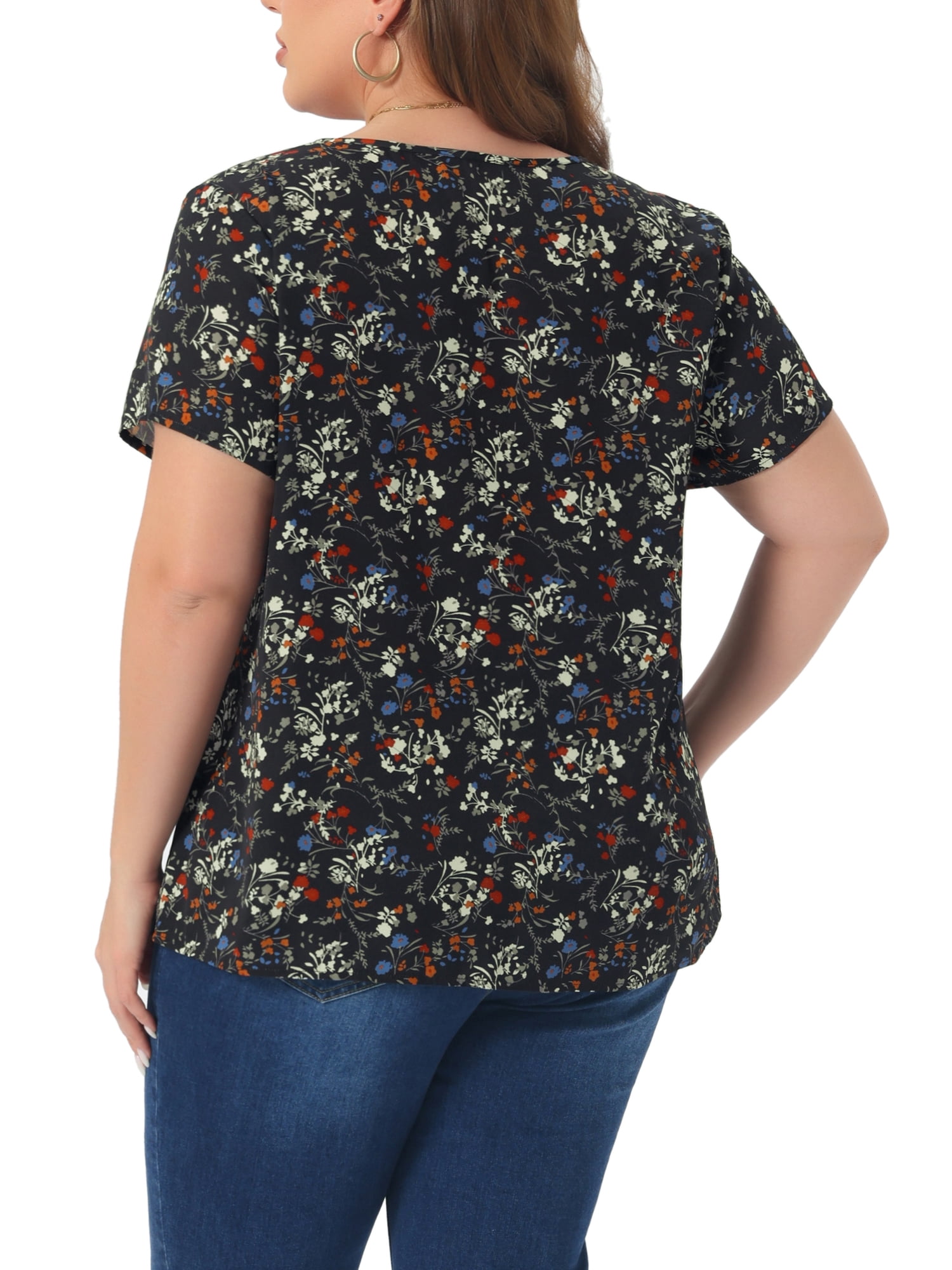 DARING DIVA Women's Plus Size Floral Half Placket Short Sleeve Blouses 2X Black White