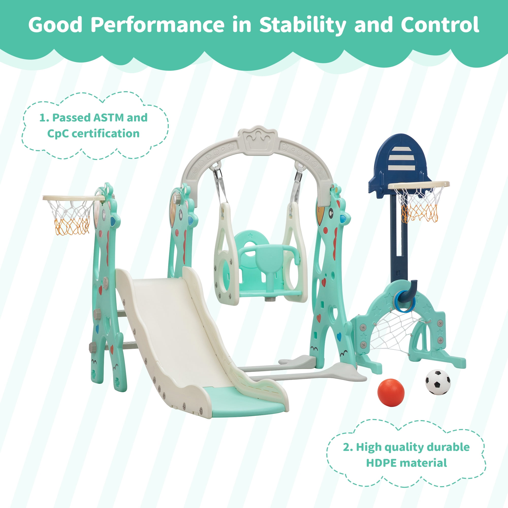 TOBBI 6 in 1 Toddler Slide Climber and Swing Playset with Basketball Hoop,Freestanding Indoor Outdoor Backyard Slide for Kids age 1-8