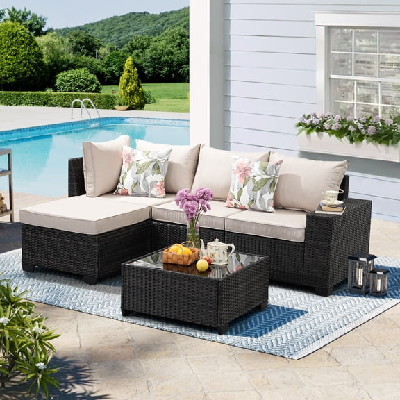 TerraRelax 5 Pieces Patio Furniture set All-Weather Outdoor Wicker Sectional Conversation Sofa Rattan patio seating sofa with cushion and Glass Table and Ottoman for Porch Poolside,Beige