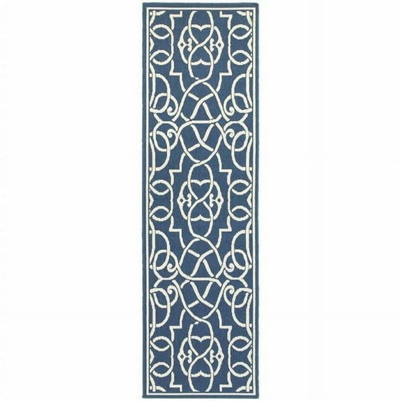 HomeRoots  2 x 8 ft. Navy Geometric Stain Resistant Indoor & Outdoor Rectangle Area Rug - Blue and Ivory - 0.15in. H x 26.77in. W x 90.55in. D