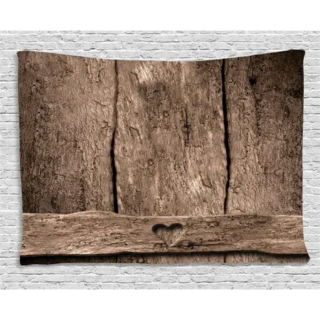 Primitive Country Decor Tapestry Love Themed Romantic Cute Heart Shape On Rustic Rough Wooden Slats Image Wall Hanging For Bedroom Living Room Dorm