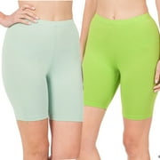2 Packs of Zenana Womens & Plus Soft Cotton Stretch Mid Thigh Length Fitness Sport Biker Shorts