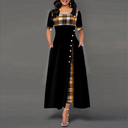 Women Vintage Casual Plaid Print Button Fashion Half Sleeve Dresses