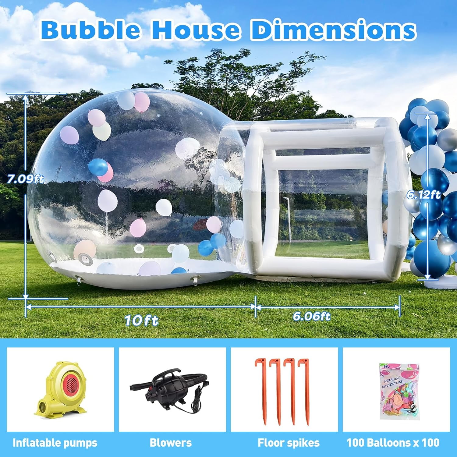 Esheno Clear Bubble Dome Tent with Tunnel 10 ft Inflatable PVC Playhouse with 600W Air Pump Bubble Balloon House for Kids Party