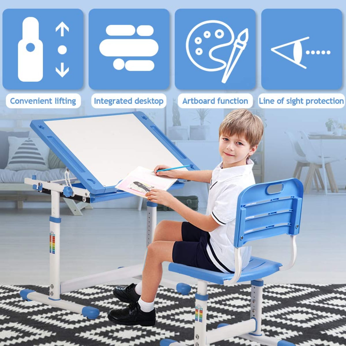 Kids Desk and Chair Set Height Adjustable Ergonomic Children Sturdy Table with Drawer Storage Childs Study School Desk Interactive Workstation Kids Art Writing Desk Furniture for Girls Boys  (Blue)