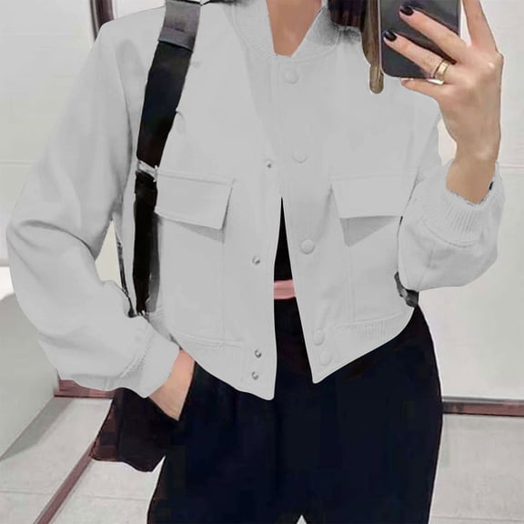 ClodeEU Womens Cropped Jackets, Zip Up Button Jackets with Pockets ,Casual Trendy Outwear Gray,Womens Plus L