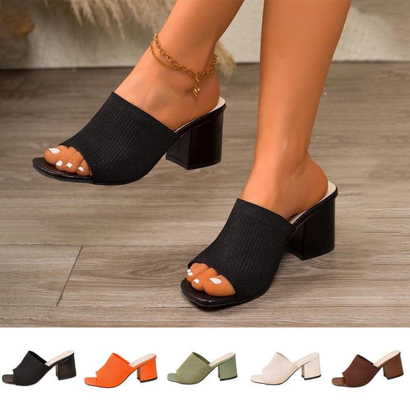 HomeDM Womens Chunky Block Heels Sandals Square Open Toe Casual Comfort Slip-On Slides Dress Shoes, Black Size 5.5