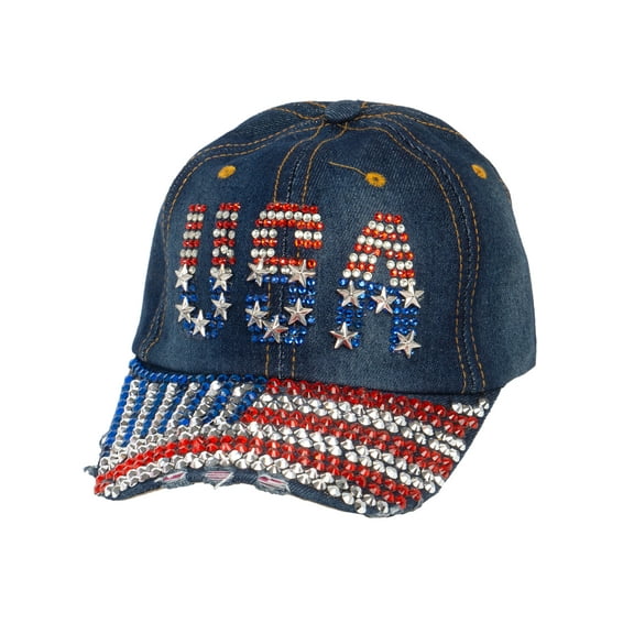 Top Headwear Patriotic USA American Flag Studded Denim Baseball Cap