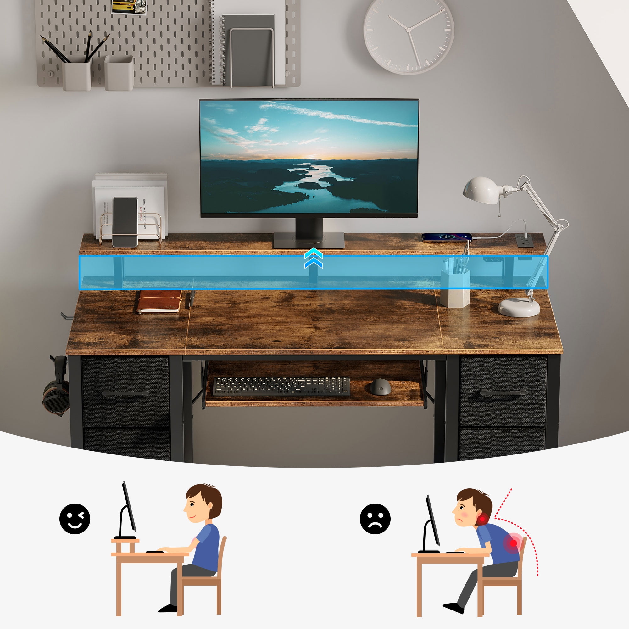 Greenstell 55 inch Gaming Desk with LED Lights, I-Shaped Computer Desk with Storage Drawers, Outlets and Monitor Stand,Home Office Desk, Rustic Brown