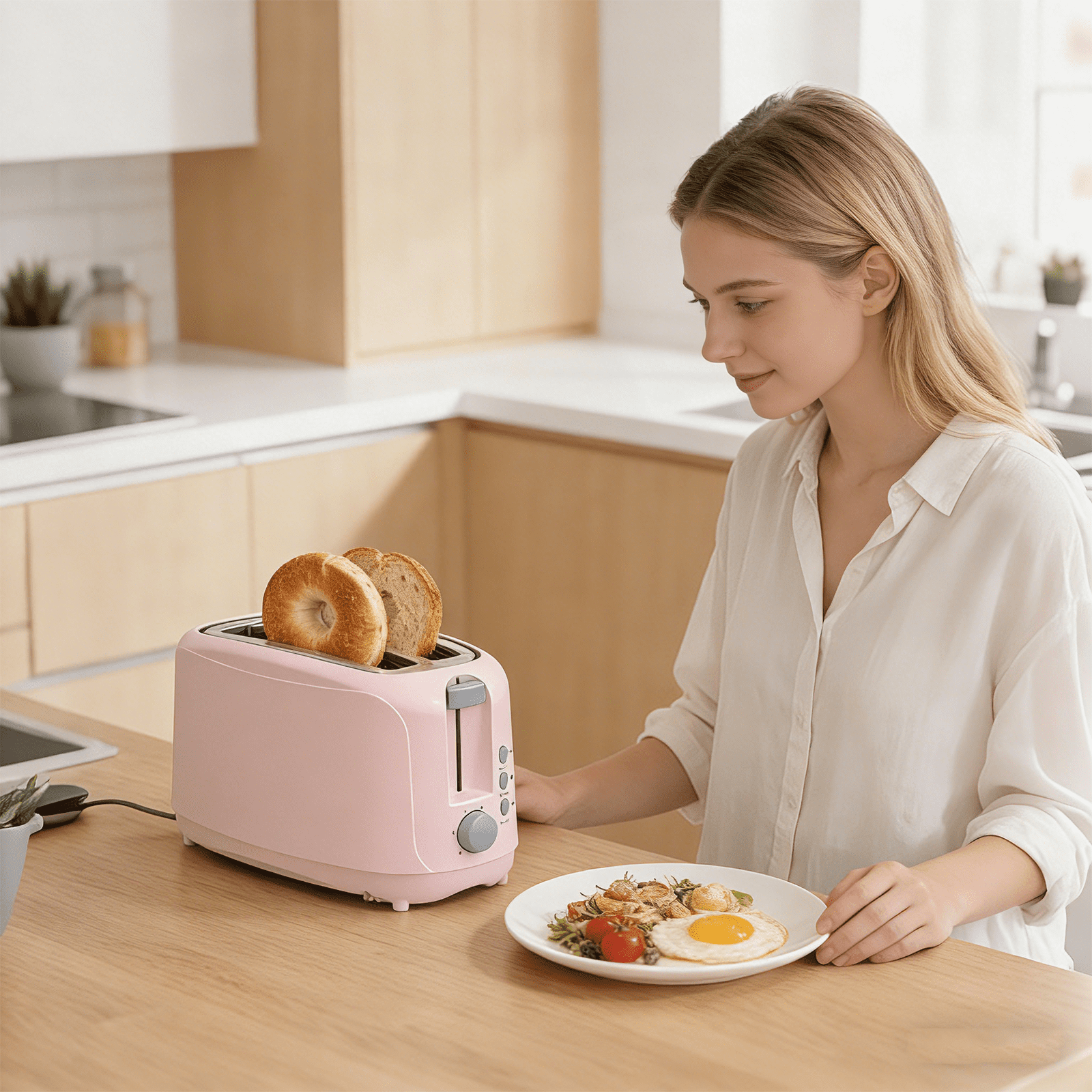 4 Slice Extra Long Slot Toaster with 6 Browning Levels & Defrost/Reheat Functions,Pink