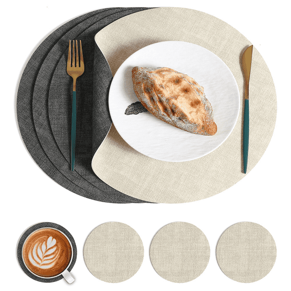4 Pcs Round Placemats, Dual Sided Faux Leather Place Mats with Coasters, Washable Table Mats, Heat-Resistant, Nordic Style Dining Table Mats Set