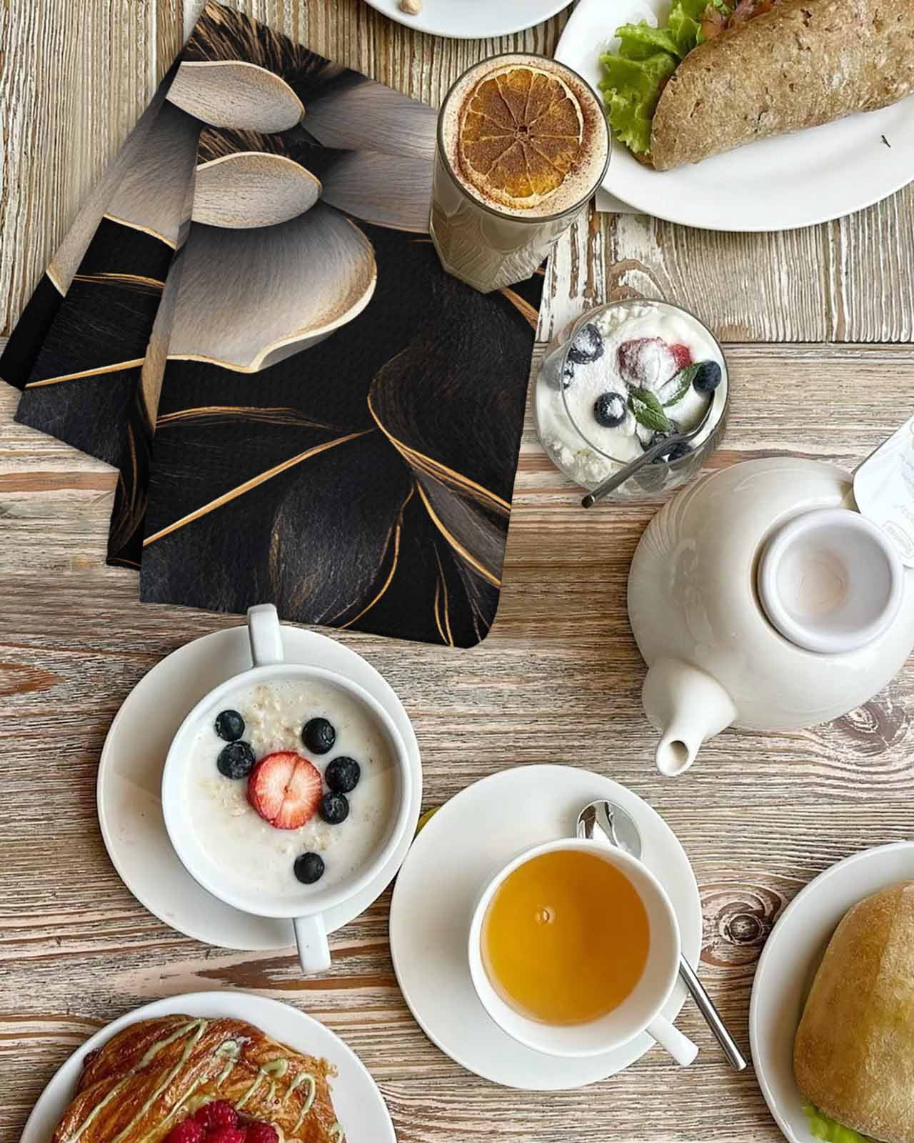 Black Gold Flower Hand Towels Set,Waffle Weave Kitchen Towels 2 Pieces,Microfiber Hair Face Bath Tea Towel Absorbent Quick Drying Cleaning Dish Cloths,Gradient Luxurious Floral Botanical 15.7"x23.6"