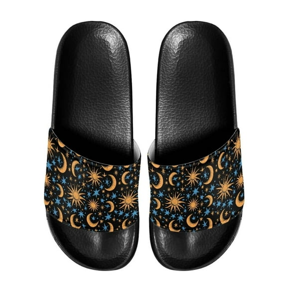 Psesaysky Sun and Moon Pattern Slide Sandals for Men Big Boys Leather Sandals Easy to Clean and Maintain Indoor Outdoor Anti-Slip Lightweight Slide Sandals