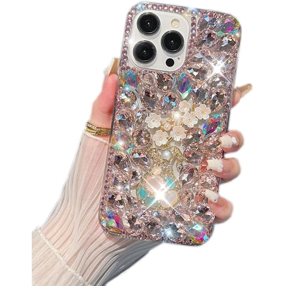 for iPhone 16 Pro Max Glitter Bling Case, Cute Luxury 3D Crystal Rhinestone Diamond Sparkle Shiny Gems Flower Pearl Women Girls Soft Protective Case for iPhone 16 Pro Max 6.9 inch