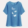 thumbnail image 4 of VSSSJ Chemise en Coton et Lin pour Femmes Coupe Ample Imprimé Papillon Col Rond Manches Raglan Blouse d'Été Confortable Bleu P, 4 of 6