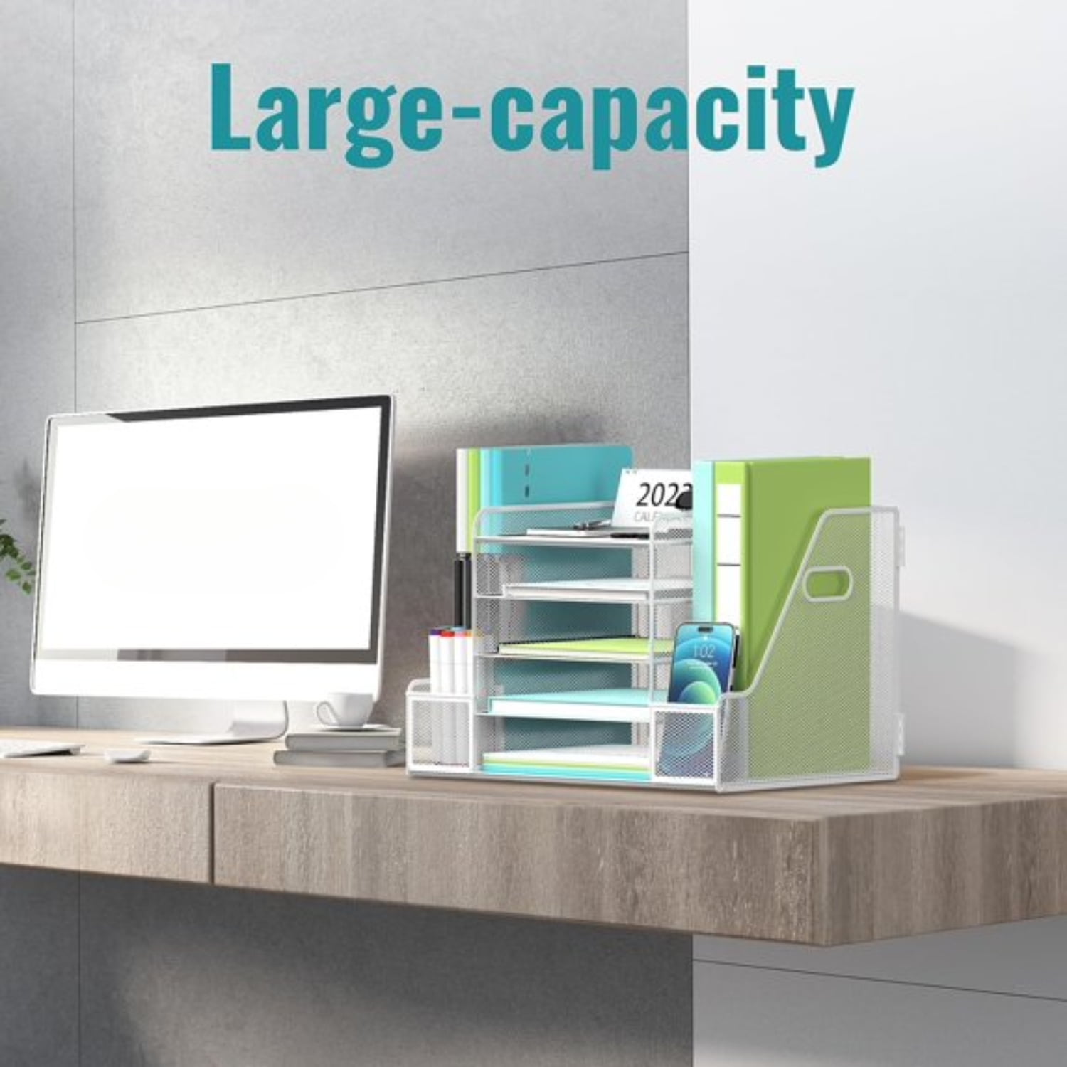 INTIGE 5-Tier Desk Organizer with File Holder, Mesh Paper Letter Tray Organizer with Magazine Holder, Desktop Organizer and Storage for Office Supplies