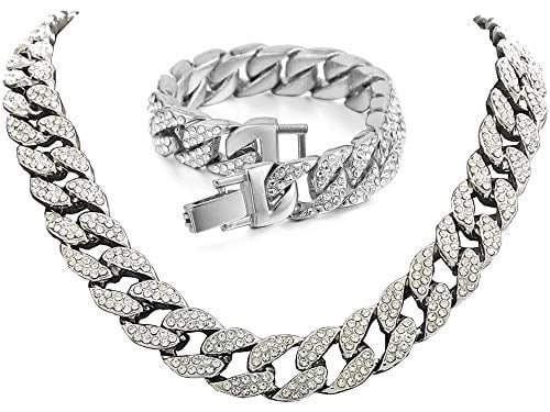 Men’s Iced Out Hip-Hop One Tone Bling Bling Rappers Cuban Link Chain Choker Necklace - CRN2020 (Silver, No Ring, 20.0)