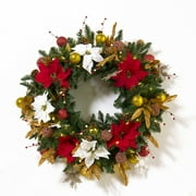 Easy Treezy 30" Pre-Lit Pine Holiday Christmas Wreath w/White Lights, Red/Gold