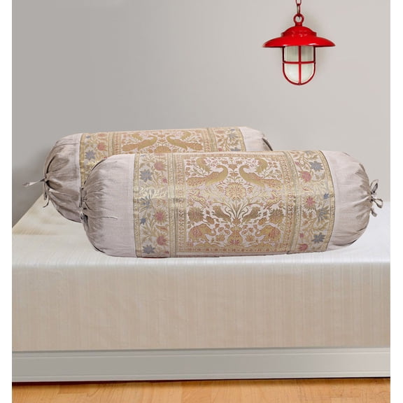 DK Homewares Ethnic Jacquard Brocade Silk Bolster Cushion Covers Cylindrical Hotdog Grey Yoga Massand Living Room Decorative Elephant Traditional Throw Pillowcase 76x38 cm - Set of 2 Pcs