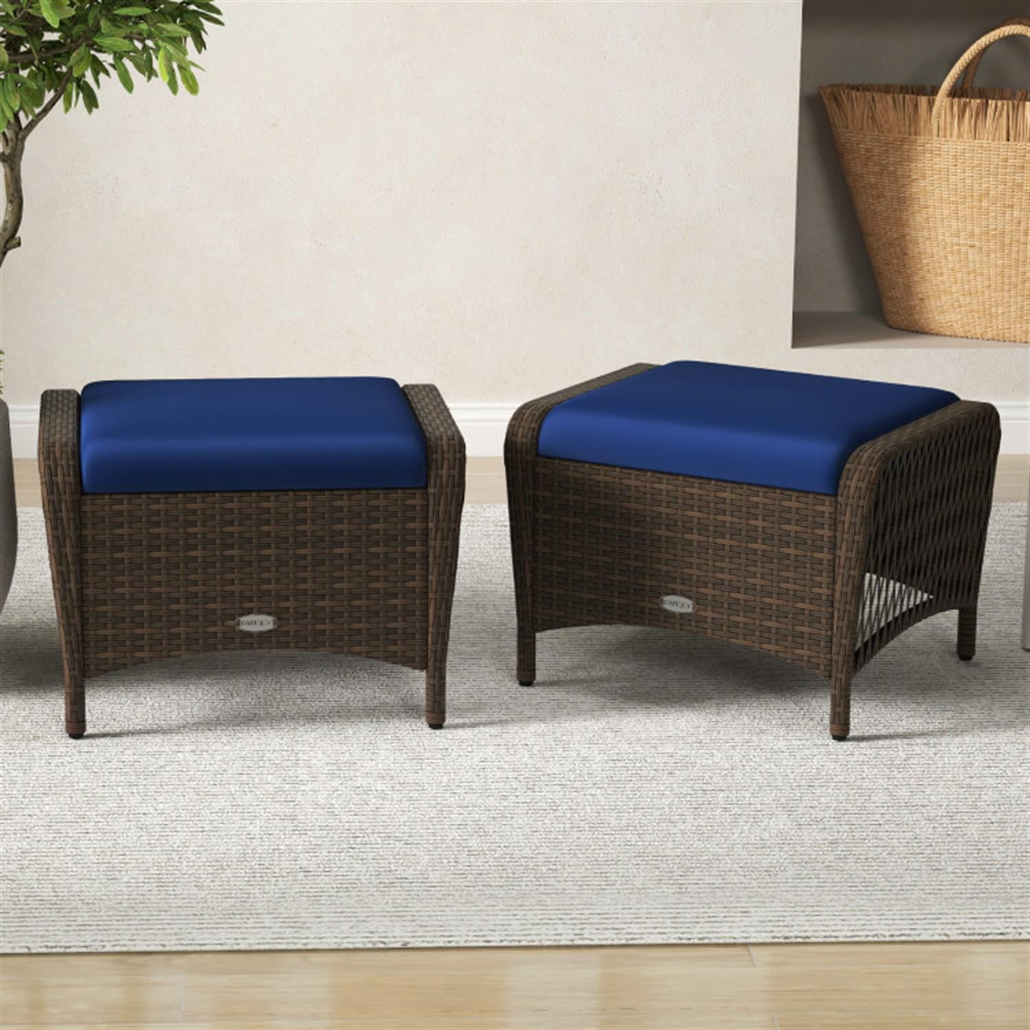 Demi Bonn Set of 2 Outdoor Patio PE Wicker Ottomans with Removable Cushions for Yard, Pool or Backyard, Blue