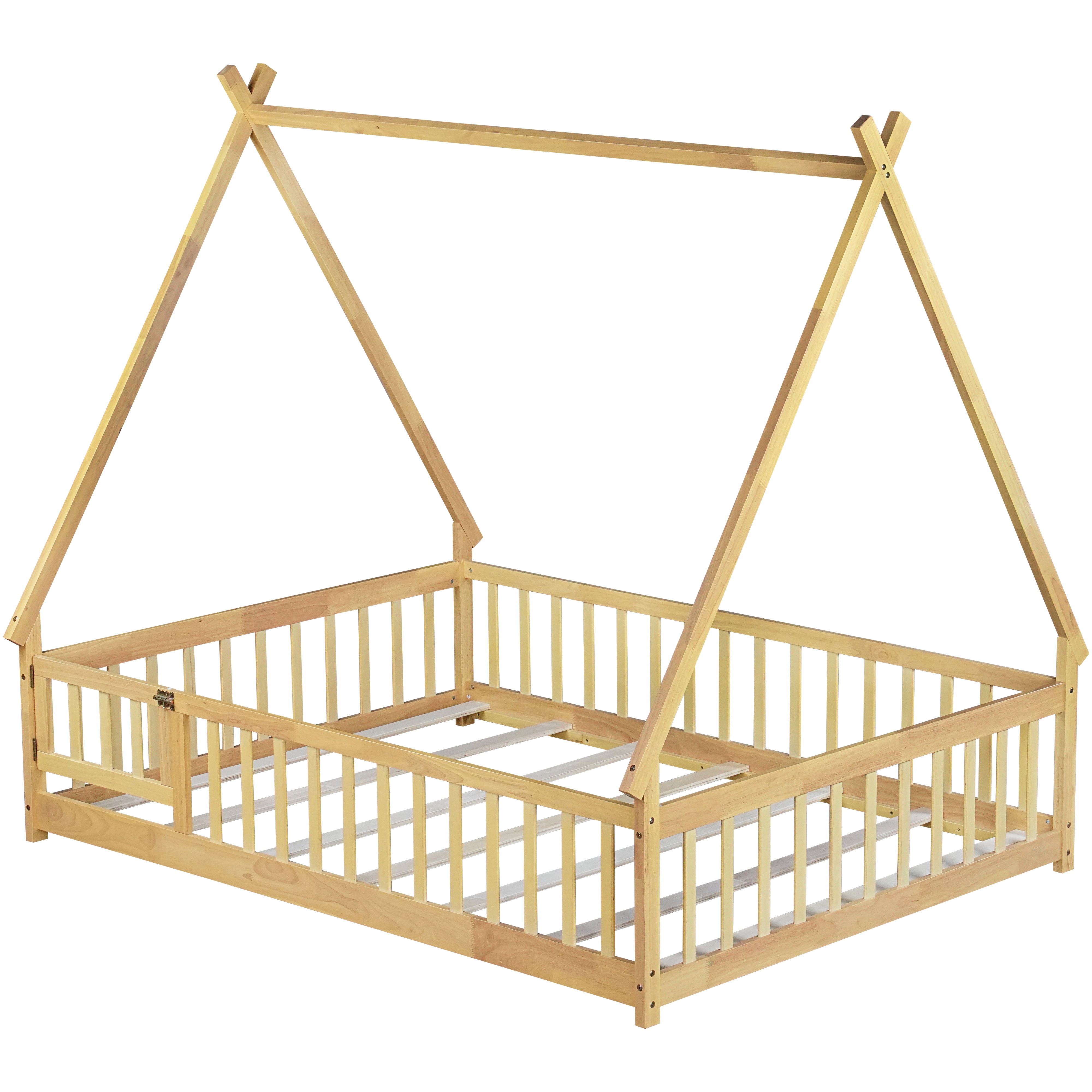 Miniyam Full Size Teepee Tent Floor Bed with Guardrails and Lockable Door, Wooden Montessori Bed with Slats for Kids Bedroom, Natural