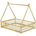 thumbnail image 6 of Miniyam Full Size Teepee Tent Floor Bed with Guardrails and Lockable Door, Wooden Montessori Bed with Slats for Kids Bedroom, Natural, 6 of 7