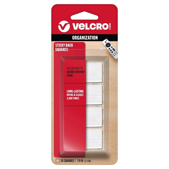 VELCRO Brand Sticky Back Mounting Squares, Adhesive Sticky Back Hook and Loop Fasteners for Home, Office or Crafting, Strong Secure Hold, Pack of 20, 7/8" White Squares