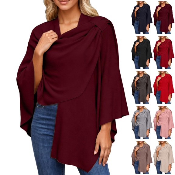 Bmisegm Womens Large Cross Front Poncho Sweater Wrap Topper Knitted Elegant Shawls Cape for Fall Winter Brick Red_002