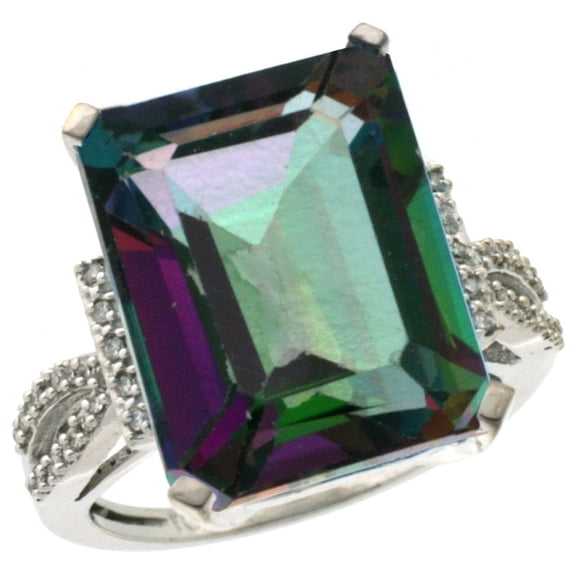 14K White Gold Natural Diamond Mystic Topaz Ring Emerald-cut 16x12mm, size 5.5