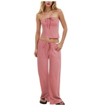 vigerkar Womens Y2k 2 Piece Outfit Strapless Crop Tube Top and Wide Leg Pant Matching Sets Loungewear Holiday Beach Outfit 2025 Red, M