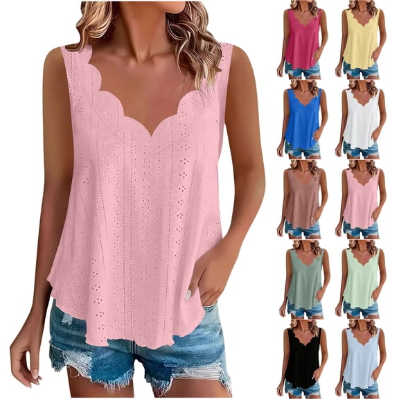 Womens Eyelet Embroidery Tank Tops Loose Fit Trim V Neck Sleeveless Shirts Casual Summer Flowy Beach Tanks