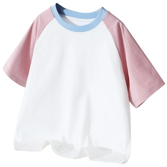 WhouRiu Big Boys Tshirts Short Sleeve Color Block Tshirts Child Comfy Daily Wear Basic Tops Pink,Sizes 9-10