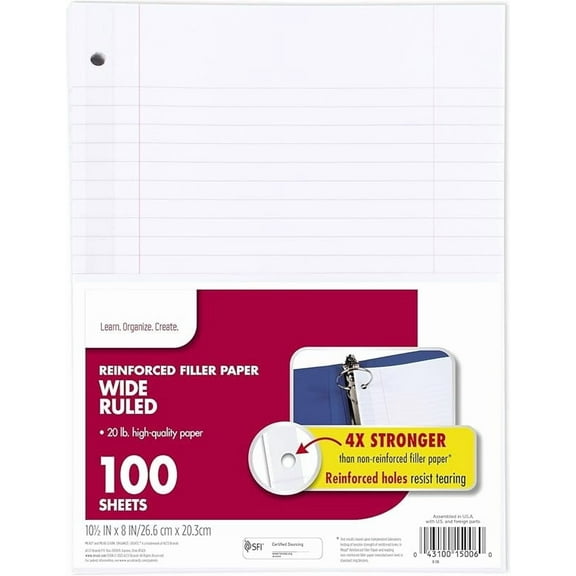 Loose Leaf Paper, Wide Ruled Filler Notebook Paper, 8" x 10-1/2", 200 Sheets, Fits 3-Ring Binder (15200)