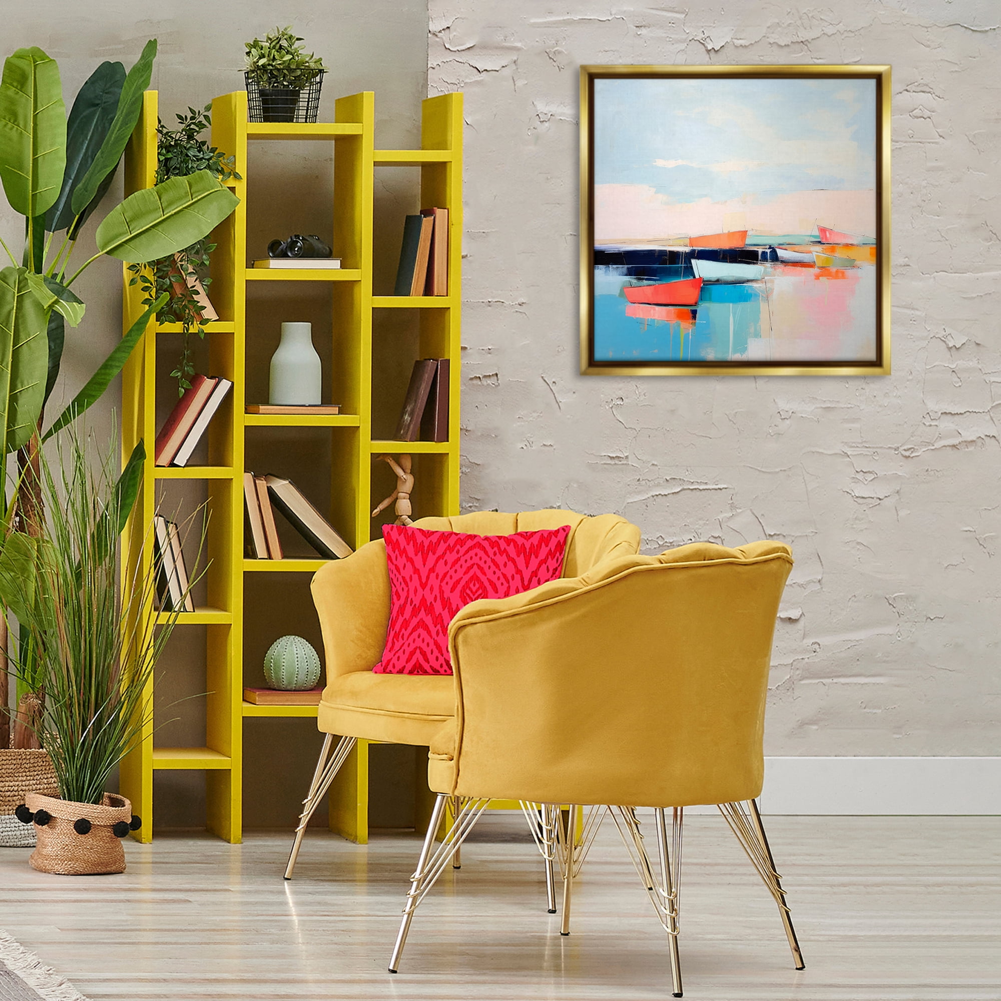 Stupell Industries Vivid Boat Reflection Transportation Painting Gold Floater Framed Canvas Art Print Wall Art, 25 x 25