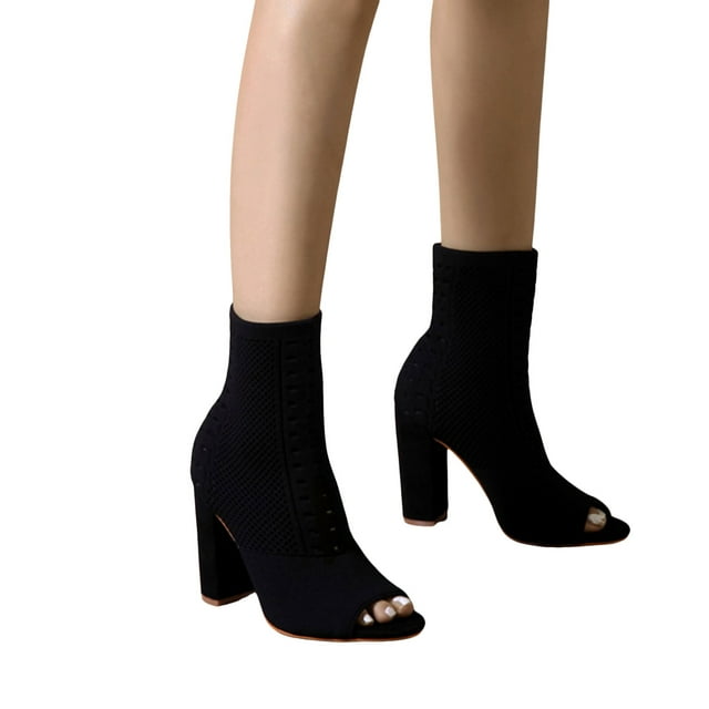 Dress Boots for Women Open Peep Toe Chunky Block High Heel Slip on Socks Mid Calf Short Ankle Booties Sandals