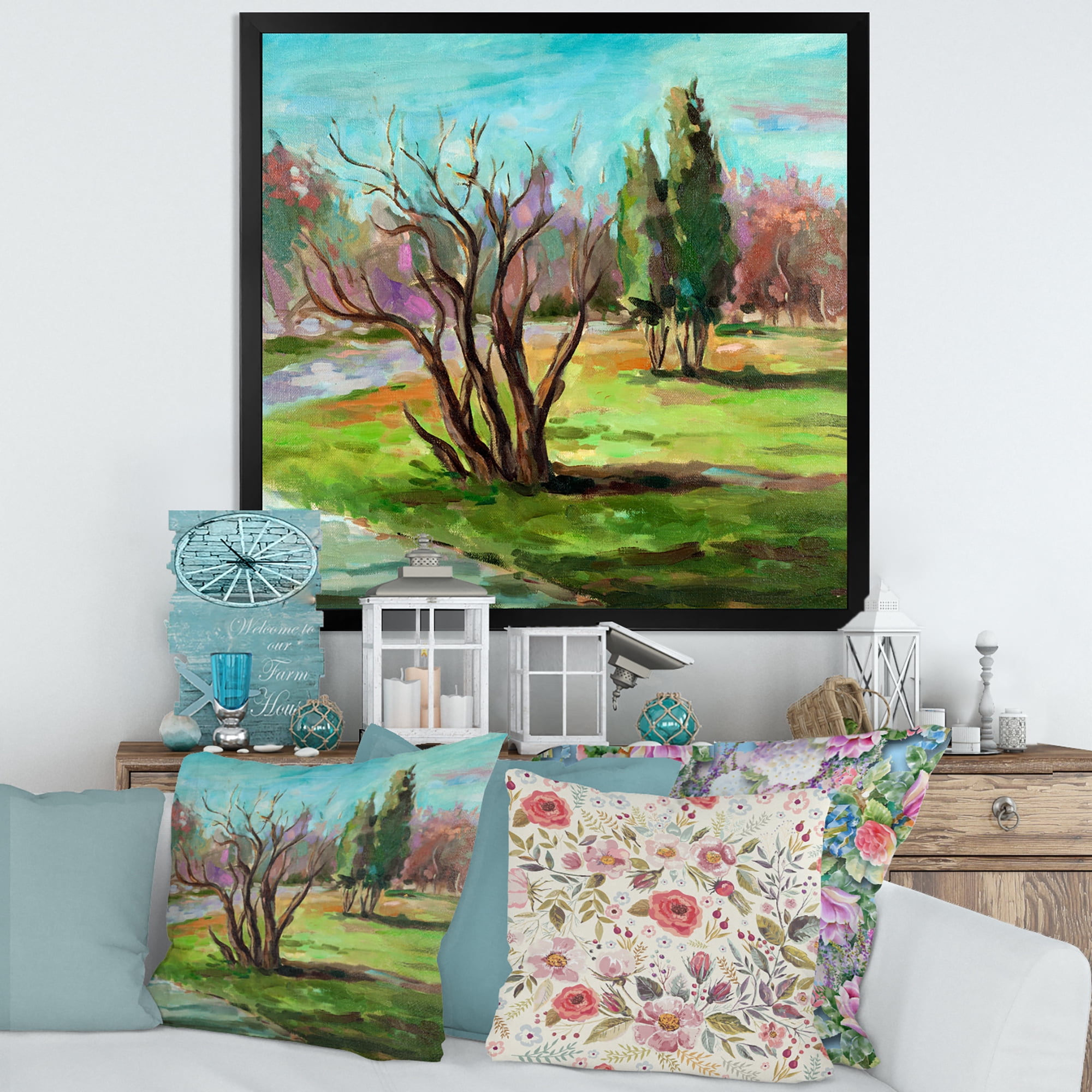 Designart 'Two Distant Trees In A Vibrant Green Landscape' Traditional Framed Art Print