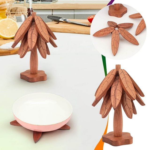 Fiudx Mantel Individual con Diseño de Árbol de Navidad, Aislante Térmico y Antiescaldaduras, Superficie de Madera Antideslizante, Multiusos, Decoración Navideña, Fácil de Limpiar, Incluye 1 Base + 4