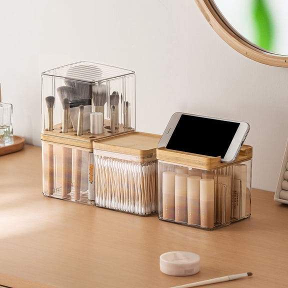 3-Pack Makeup Organizer Set with Lids, Makeup Brush Holder Containers, Cosmetic Display Case, Bathroom Vanity Counter Storage for Eyeliners Lip Liners Qtips Sponges Cotton Pad