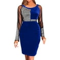 thumbnail image 1 of Gibobby Vestidos de fiesta elegantes Vestido ajustado de manga larga con cuello redondo y costuras de malla para mujer(Azul,M), 1 of 4