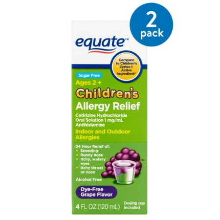 (2 Pack) Equate Children's Allergy Relief Cetirizine Suspension, Grape Flavor, Sugar-Free, Dye-Free, 4